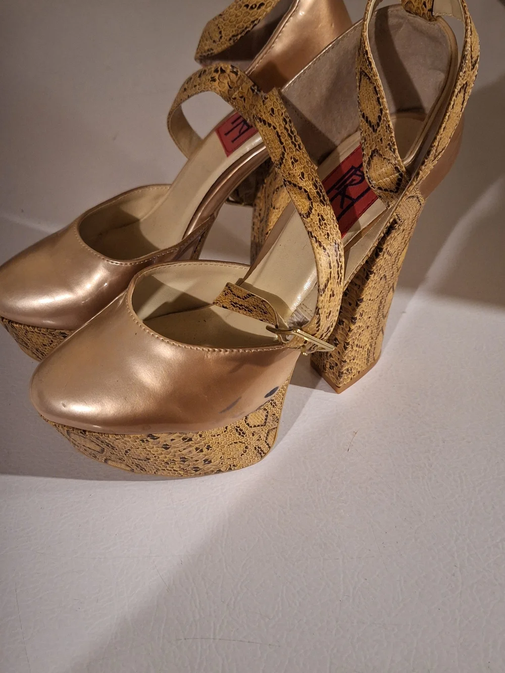 Women's Gold Platform Heels with Snake-Print Straps